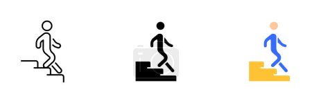 Illustration for A vector illustration of a person descending stairs or steps. Vector set of icons in line, black and colorful styles isolated. - Royalty Free Image