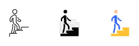 Illustration for A vector illustration of a person ascending stairs or steps. This graphic can be used to represent themes related to exercise. Vector set of icons in line, black and colorful styles isolated. - Royalty Free Image