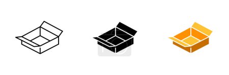 Illustration for An open cardboard box with flaps folded back, revealing its contents. The box is brown in color and has a simple design. Vector set of icons in line, black and colorful styles isolated. - Royalty Free Image