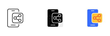 Illustration for A smartphone with a share icon on the screen. This icon is commonly used to share content on social media or other platforms. Vector set of icons in line, black and colorful styles isolated. - Royalty Free Image