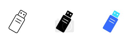Illustration for A vector illustration of a USB flash drive, which is a portable storage device that uses USB technology for data transfer. Vector set of icons in line, black and colorful styles isolated. - Royalty Free Image