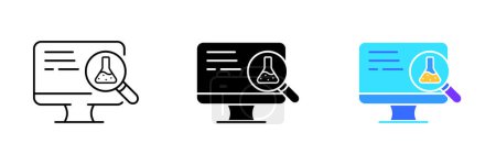 Illustration for An illustration of a flask or beaker with liquid on a background of a computer monitor. Vector set of icons in line, black and colorful styles isolated. - Royalty Free Image