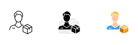 Téléchargez les illustrations : Illustration vectorielle d'une personne avec une icône de livraison, qui représente le transport et la livraison de marchandises ou de colis. Ensemble vectoriel d'icônes en ligne, noir et styles colorés isolés. - en licence libre de droit