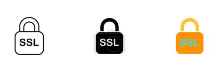 Téléchargez les illustrations : Une icône d'un verrou avec les lettres SSL écrites dessus, indiquant une connexion sécurisée. Ensemble vectoriel d'icônes en ligne, noir et styles colorés isolés. - en licence libre de droit