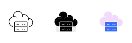 Illustration for A set of cloud icons with a server graphic, representing cloud computing and remote data storage. Vector set of icons in line, black and colorful styles isolated. - Royalty Free Image