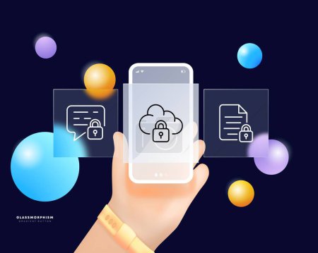 Illustration for Cloud data protection set icon. Shield with cloud icon and lock symbol. Privacy concept. Glassmorphism. UI phone app screens. Vector line icon for Business - Royalty Free Image
