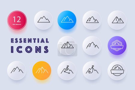 Illustration for Mountain icon set. Illustration of a landscape with mountains, hills, and valleys. Nature, wilderness. Outdoor adventure concept. Neomorphism style. Vector line icon for Business - Royalty Free Image