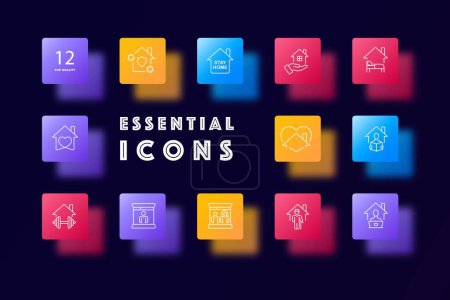 Illustration for Stay Home icon set. Illustration of a message or sign promoting staying at home for safety. Pandemic concept. Glassmorphism style. Vector line icon for Business and Advertising - Royalty Free Image