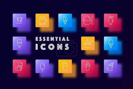 Illustration for Ice cream in a cone icon set. Sweet dessert concept. Glassmorphism style. Vector line icon for Business and Advertising - Royalty Free Image
