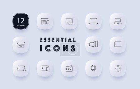 Illustration for Electronic devices icon set. smartphones, tablets, laptops, and other gadgets. Technology concept. Neomorphism style. Vector line icon for Business and Advertising - Royalty Free Image