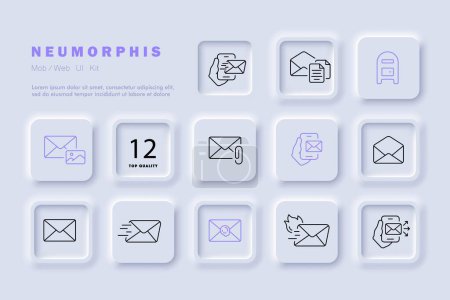Illustration for Email icon set. Smartphone, email-related icons, clock, paperclip, and more. Communication concept, Neomorphism style. Vector line icon for Business - Royalty Free Image