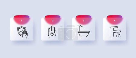 Illustration for Personal hygiene icon set. Personal hygiene routines such as washing hands. Health concept. Glassmorphism style. Vector line icon for Business and Advertising - Royalty Free Image