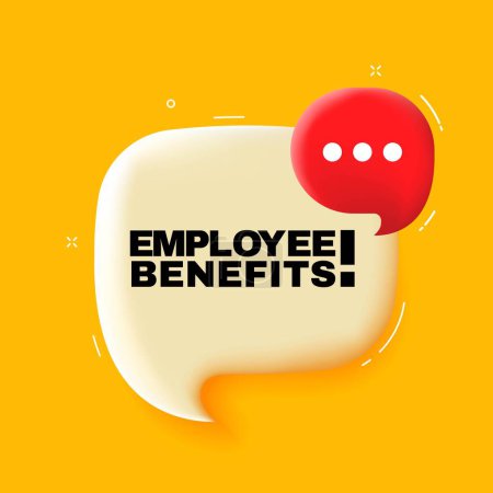 Beneficios para empleados. Burbuja del habla con el texto de beneficios del empleado. Ilustración 3d. Estilo pop art. Icono de línea vectorial para Negocios y Publicidad