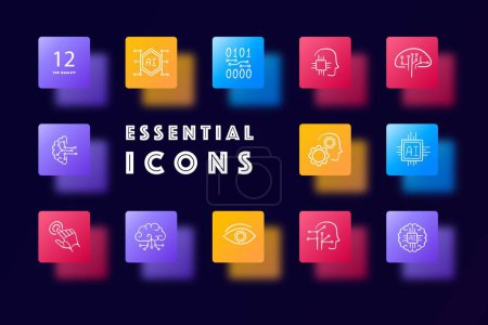 Illustration for Artificial intelligence icon set. A visual representation of the simulation of human intelligence. Ai. Glassmorphism style. Vector line icon for Business and Advertising - Royalty Free Image