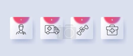 Illustration for Emergency medical services icon set. Medication administration, wound care, and transportation to hospitals. Medical. Glassmorphism style. Vector line icon for Business and Advertising - Royalty Free Image