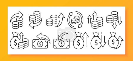 Ilustración de Conjunto de iconos de moneda, incluyendo centavo, níquel, centavo, cuarto, dólar. Dinero. Icono de línea vectorial para Negocios y Publicidad - Imagen libre de derechos