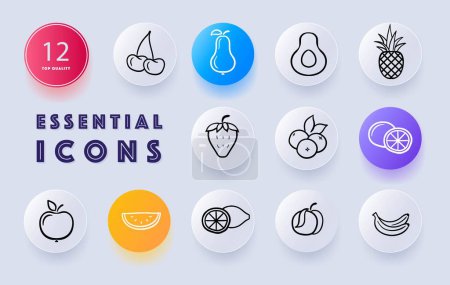 Illustration for Fruit icon set. Apples, oranges, bananas, grapes, pineapples, and strawberries. Healthy. Neomorphism style. Vector line icon for Business and Advertising - Royalty Free Image