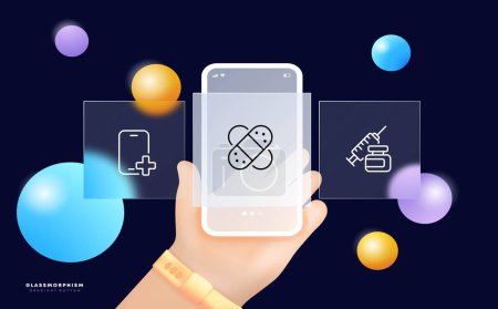 Illustration for Comprehensive treatment approach. Healing, therapies, medications, rehabilitation. Medical care. Glassmorphism. UI phone app screen. Vector line icon for Business - Royalty Free Image