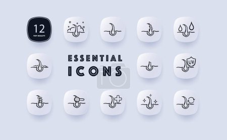 Illustration for Hair care routine icon set. Shampooing, conditioning, hair mask, brushing, styling, heat protection. Healthy. Neomorphism style. Vector line icon for Business and Advertising - Royalty Free Image