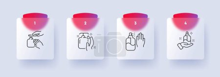 Téléchargez les illustrations : Ensemble d'icône d'hygiène des mains. Lavage des mains, savon, eau, désinfectant, propreté, hygiène. Style glassmorphisme. Icône de ligne vectorielle pour entreprises et publicité - en licence libre de droit