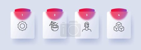 Illustration for Cooling in hot weather icon set. Ice cubes, fan, shade, refreshing drinks, swimming. Air conditioning. Glassmorphism style. Vector line icon for Business and Advertising - Royalty Free Image