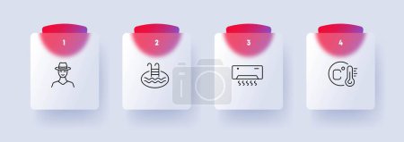 Illustration for Air cooling icon set. Air conditioner, cooling system, refreshing breeze, temperature control. Comfort. Glassmorphism style. Vector line icon for Business and Advertising - Royalty Free Image