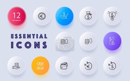 Illustration for Currency icon set. Banknotes, coins, exchange rates, international transactions. Global economies. Neomorphism style. Vector line icon for Business and Advertising - Royalty Free Image