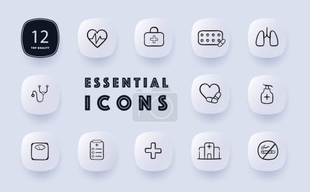 Illustration for Medicine icon set. Healthcare, medical professionals, patient care, diagnosis, treatment. Health. Neomorphism style. Vector line icon for Business and Advertising - Royalty Free Image