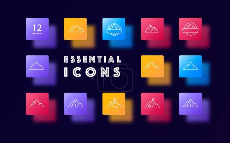 Illustration for Mountain landscape icon set. Majestic peaks, rugged terrain, natural beauty, outdoor adventure. Mountainous. Glassmorphism style. Vector line icon for Business and Advertising - Royalty Free Image