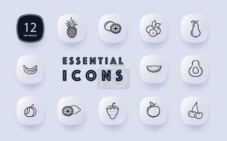 Illustration for Vibrant fruit icon set. Apples, oranges, bananas, grapes, strawberries, pineapples. Fruit. Neomorphism style. Vector line icon for Business and Advertising - Royalty Free Image