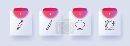 Illustration for Kitchen utensils icon set. Cooking tools, culinary equipment, food preparation. Kitchen. Glassmorphism style. Vector line icon for Business and Advertising - Royalty Free Image