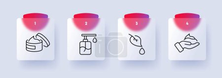 Illustration for Hand hygiene icon set. Clean hands, handwashing, sanitation, germ prevention. Cleanliness. Glassmorphism style. Vector line icon for Business and Advertising - Royalty Free Image