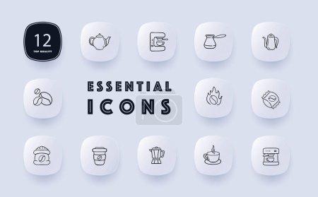Illustration for Coffee brewing icon set. Aroma, flavor, brewing methods, coffee beans. Brewing equipment. Neomorphism style. Vector line icon for Business and Advertising - Royalty Free Image