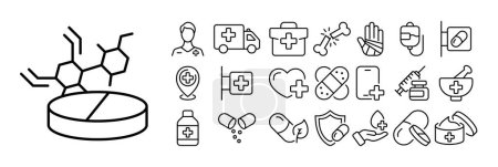 Illustration for Set of medical icons. Illustrations representing various medical concepts and tools such as stethoscope, pills, syringe, first aid kit, heartbeat, hospital, doctor, nurse, and more. - Royalty Free Image