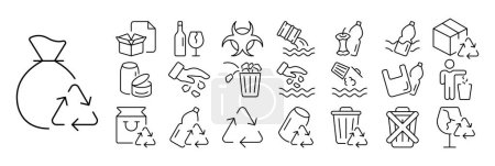 Illustration for Set of recycling icons. Illustrations representing different types of recyclable materials and recycling activities such as paper, plastic, glass, metal, compost, recycling bins. - Royalty Free Image