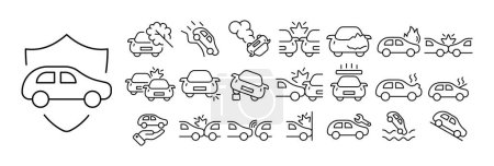 Illustration for Set of car accident icons. Illustrations depicting various car accident scenarios, including collisions, breakdowns, road obstacles, warning signs, and emergency services. - Royalty Free Image