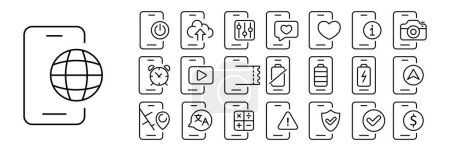 Illustration for Set of phone with applications icons. Variety of applications and features found on mobile phones, including messaging, social media, games, camera, calendar, music, weather, maps, and more. - Royalty Free Image