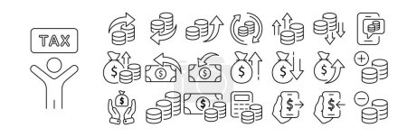 Conjunto de dinero e iconos financieros. Ilustraciones que representan varios conceptos y símbolos financieros, incluidos símbolos monetarios, monedas, billetes, billeteras, gráficos, alcancías y herramientas financieras.