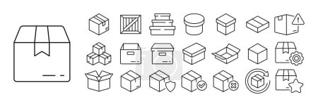 Téléchargez les illustrations : Ensemble d'icônes de boîte. Illustrations représentant divers types de boîtes, y compris l'expédition, l'entreposage, le cadeau, les boîtes mobiles et les matériaux d'emballage. - en licence libre de droit