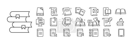 Illustration for Set of book icons. Illustrations representing various book-related elements, including open books, closed books, bookshelves, bookmarks, writing tools. - Royalty Free Image