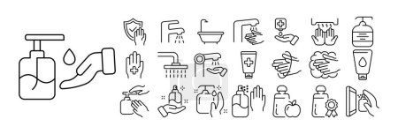 Illustration for Set of hygiene icons. Illustrations representing various aspects of personal hygiene and cleanliness, including toothbrush, toothpaste, soap, shower. - Royalty Free Image