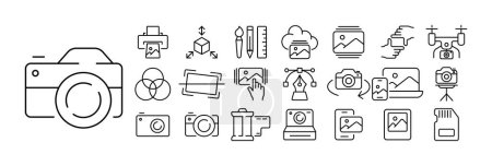 Set of camera icons. Illustrations depicting various types of cameras and photographic equipment, including DSLR cameras, digital cameras.