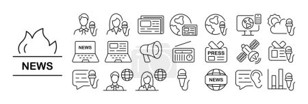 Illustration for Set of news icons. Illustrations representing various elements related to news, such as newspapers, microphones, cameras, news headlines, and press badges, symbolizing journalism, reporting. - Royalty Free Image