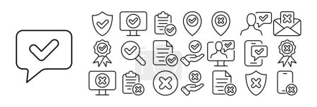 Set of checkmark icons. Illustrations depicting various styles of checkmarks, including tick marks, checkboxes, and verification symbols.