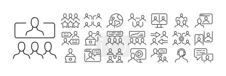 Ilustración de Conjunto de iconos de comunicación. Ilustraciones que representan varios símbolos y elementos relacionados con la comunicación, incluyendo burbujas de voz, burbujas de chat, teléfono, correo electrónico, videollamada. - Imagen libre de derechos