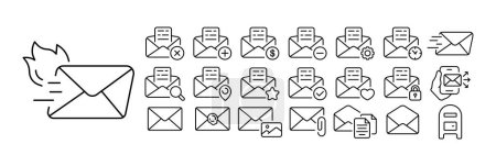 Téléchargez les illustrations : Ensemble d'icônes mail. Illustrations représentant divers symboles liés au courrier, tels que des enveloppes, des boîtes aux lettres, des timbres-poste et des lettres, représentant la communication, la correspondance. - en licence libre de droit