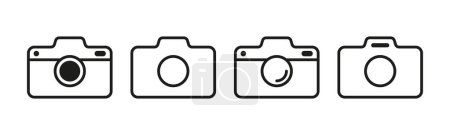Téléchargez les illustrations : Ensemble d'icônes de caméra. Une collection polyvalente d'icônes représentant des caméras, offrant des représentations visuelles de différents types de caméras, telles que DSLR, sans miroir. - en licence libre de droit