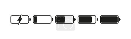 Illustration for Set of phone battery charging icons. A comprehensive collection of icons representing different battery charging levels for mobile phones. - Royalty Free Image