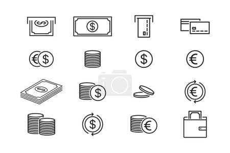 Ein Satz von Geldsymbolen. Eine Sammlung von Symbolen, die verschiedene Aspekte des Geldes repräsentieren, einschließlich Währungssymbole, Münzen, Banknoten, Sparschwein, Brieftasche, Budgetierung.