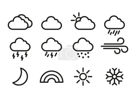 Ilustración de Explore una variedad de ilustraciones vectoriales relacionadas con el clima que capturan diferentes condiciones atmosféricas y elementos, incluyendo días soleados, cielos nublados, lluvia. - Imagen libre de derechos